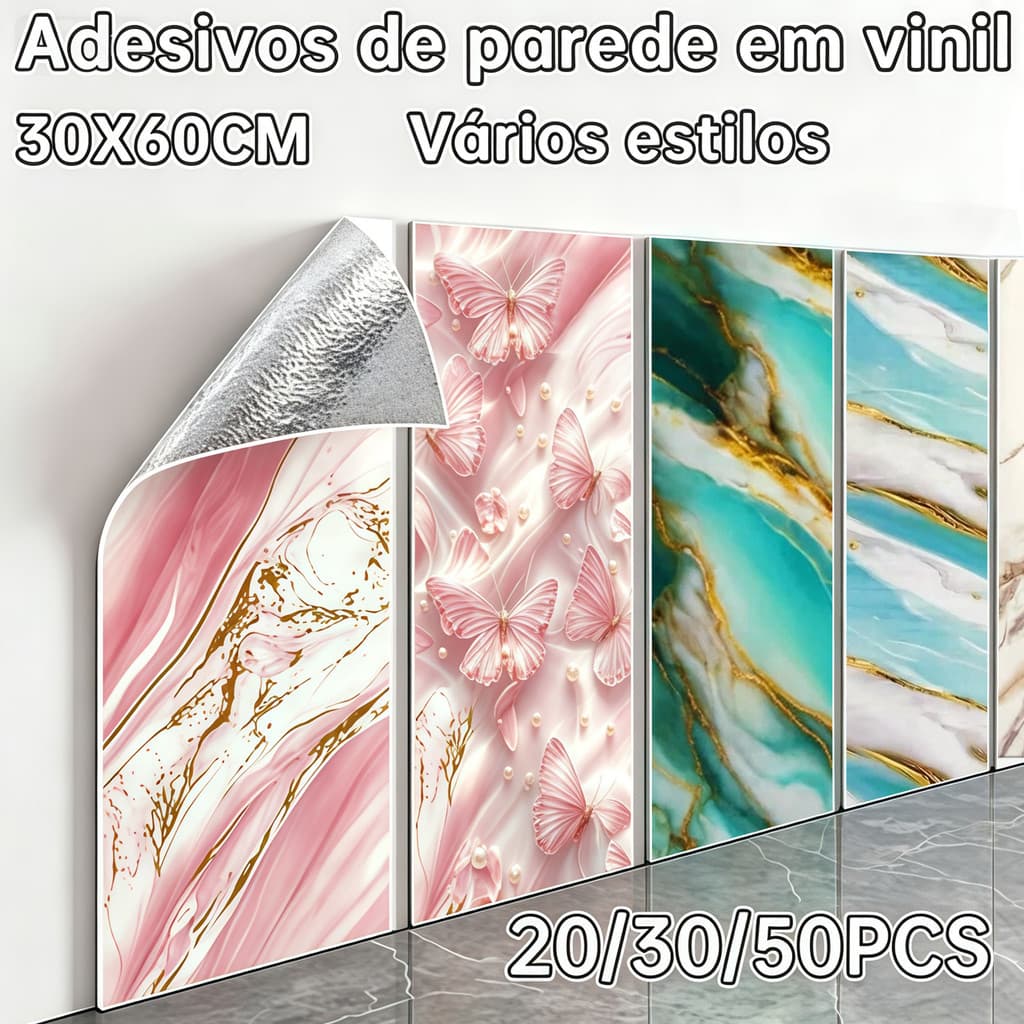 Kit 20/50 Placas de Parede Adesivas Mármore 3D Decoração 30 x 60cm x 3mm Lavável
