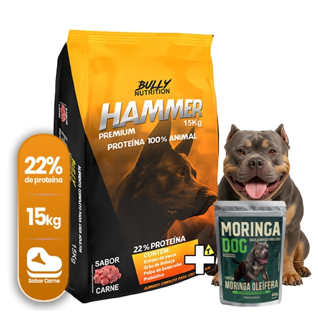 Ração Proteica Para Cachorro Pitbull Hammer Premium 15kg + Ganhe MoringaDog 60g  | Energia e Saude