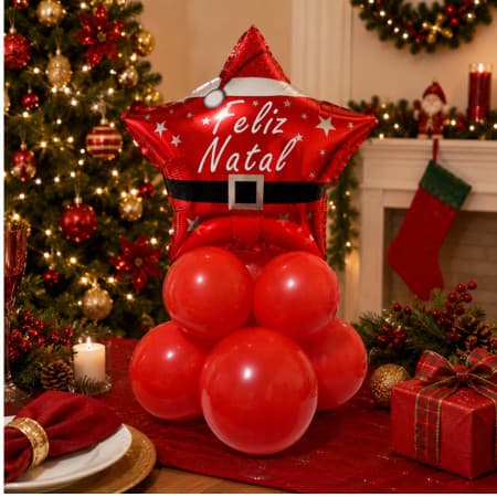 Kit Centro de Mesa Natal Balão Estrela Feliz Natal 45cm + 7 Bexigas Vermelhas Decoração Natalina Festa