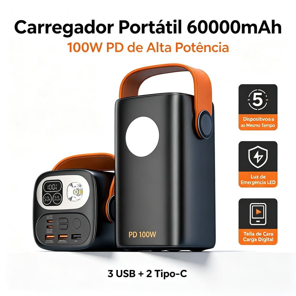 Power Bank 60000mAh 100W, carrega 5 aparelhos, lanterna emergência LED, 3 USB + 2 Type‑C