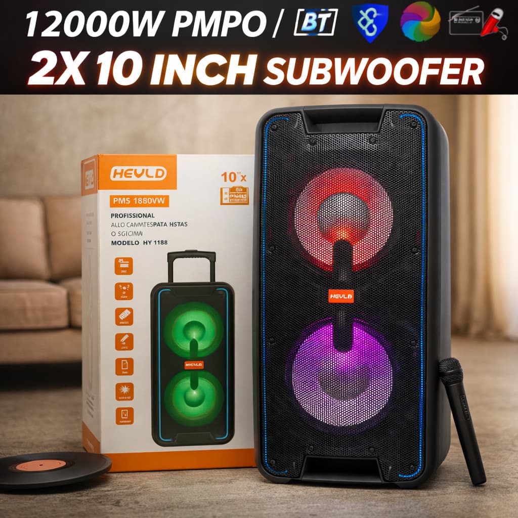Caixa de Som Bluetooth Potente 12000W + 2 Microfones Sem Fio 2x10" Profissional LED RGB TWS Rádio FM USB SD Karaokê