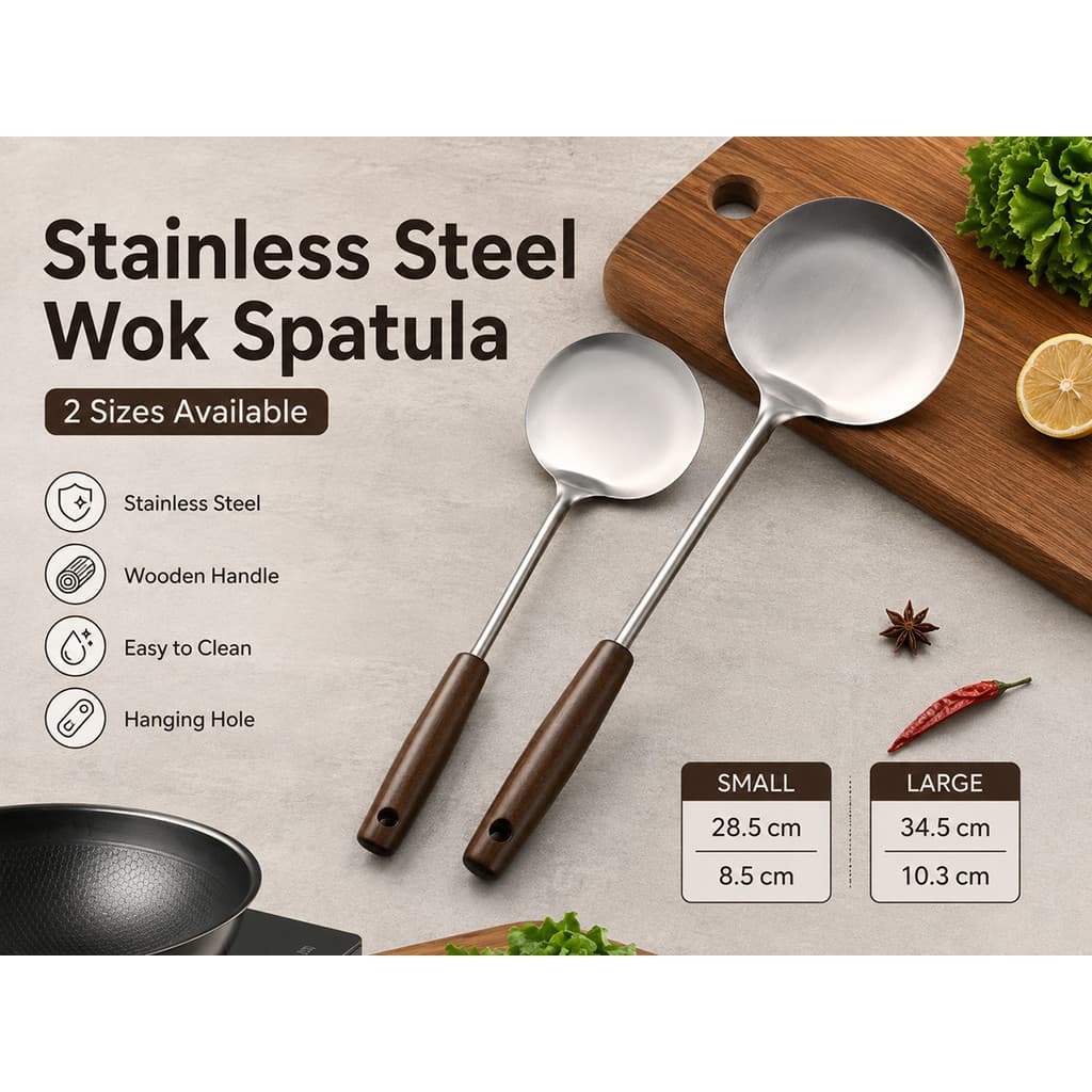 Espátula Wok De Aço Inoxidável Com Cabo De Madeira , Resistente Ao Calor , Utensílios De Cozinha