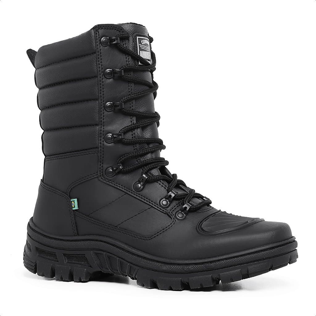 Bota Masculina Militar Zíper Lateral Coturno Couro Ecológico Solado Tratorado Antiderrapante Motociclista Mamba Negra