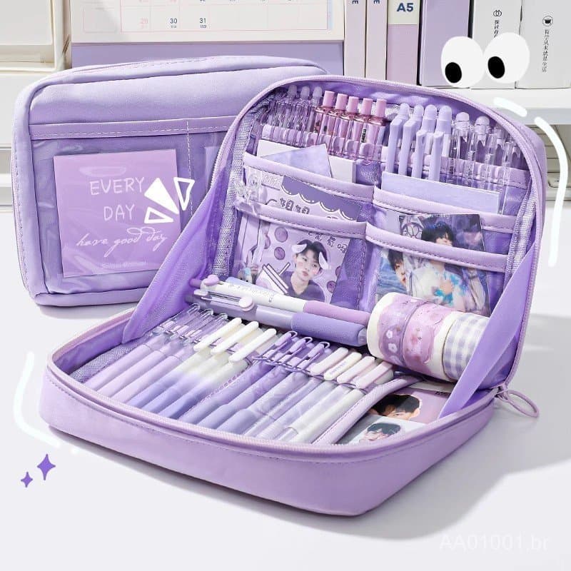Estojo de lápis roxo taro de 12 camadas, bolsa de armazenamento de material de escritório de alta estética, espessura re