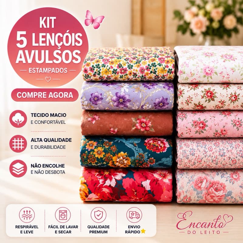 Kit 5 Lençóis Avulsos Estampados Sem Elástico Bainha Solteiro Casal Queen King Toque Macio sem bolinhas Não Desbota
