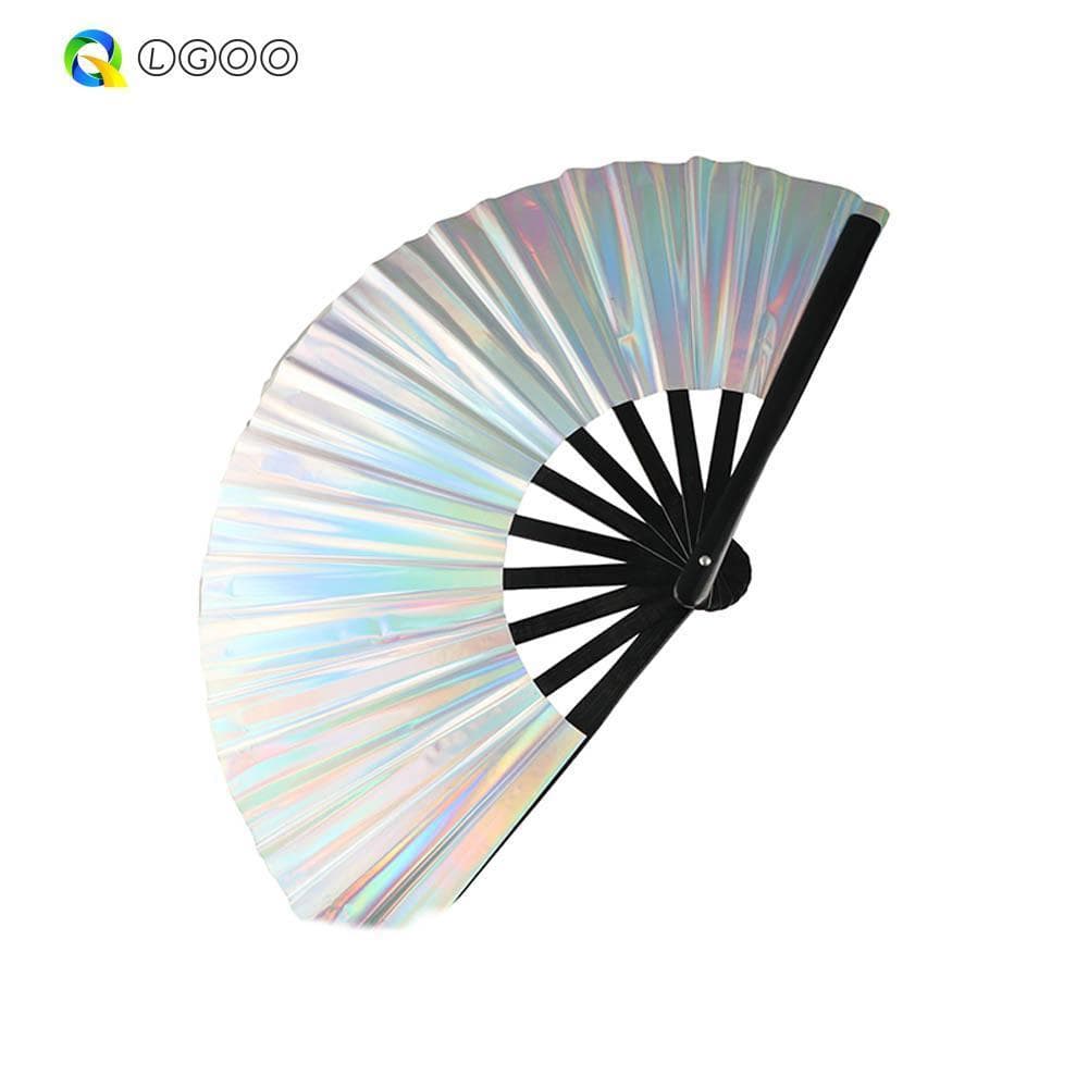 Ventilador De Mão Em Cores Laser LGOO , Dobrável Com Alça De Bambu Colorida Gradiente , Festa De PVC De Tamanho Grande