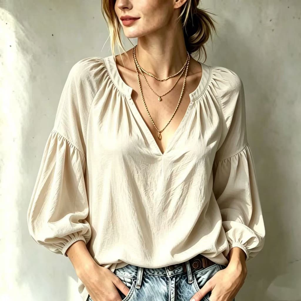 Primavera outono novo estilo com decote em V plissado solto camisa Casual