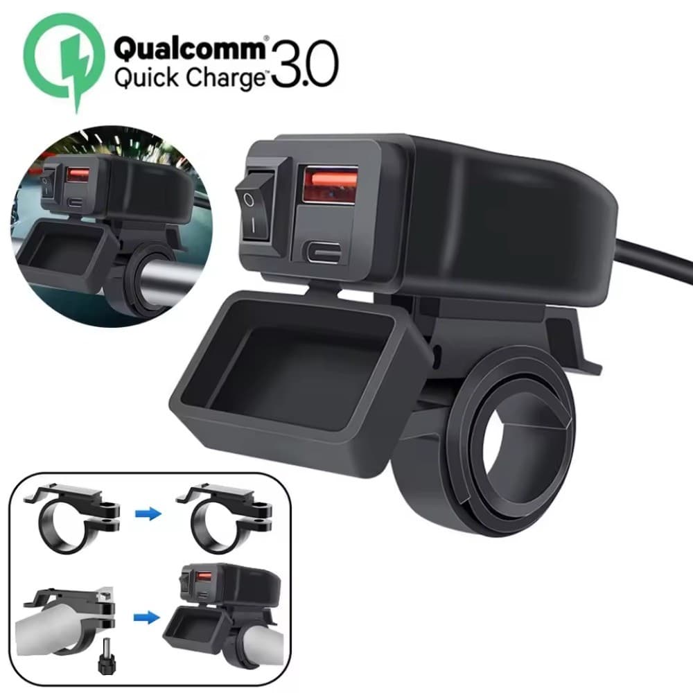 Motocicleta Duplo USB Carregador Rápido PD QC3.0 Adaptador De Energia Tomada Com Interruptor Voltímetro À Prova Dwaterpr