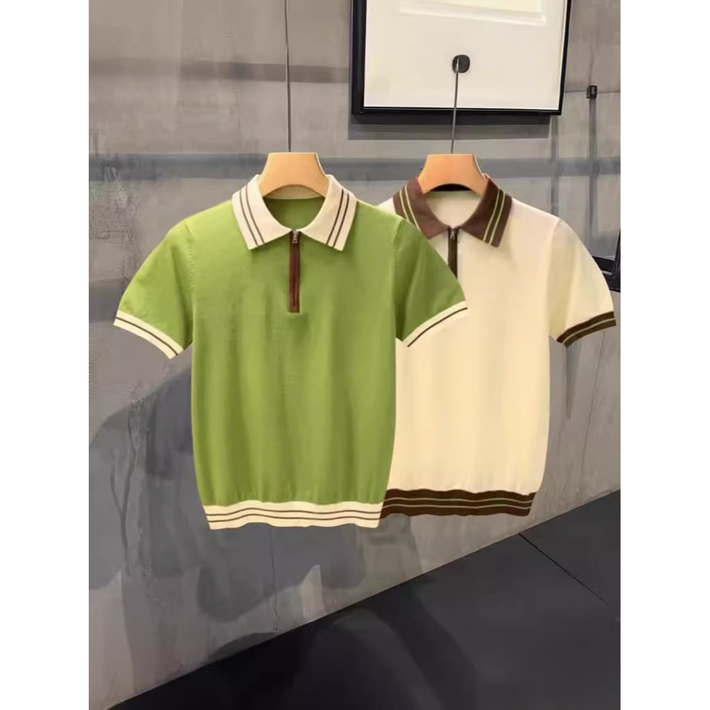 Camisa polo de seda gelo verão camisa polo de manga curta masculina versão coreana moda meio zíper cor sólida camisola d