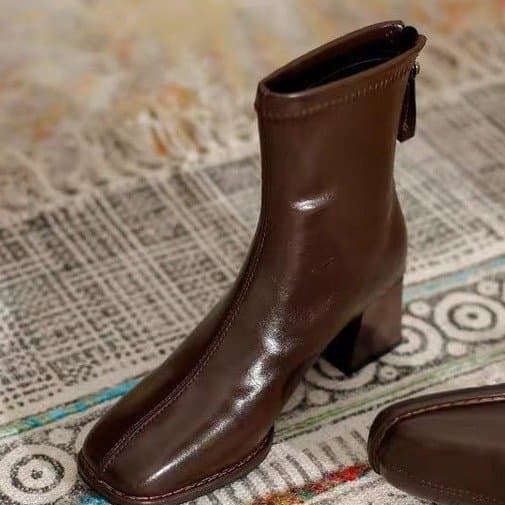 Botas Femininas de Bico Quadrado, Botas Curtas com Zíper Traseiro, Estilo Casual Retro, Salto Grosso, Botas da Moda, Tam