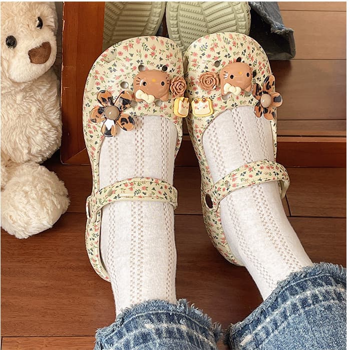 Tamancos de Ballet Florais Femininos com Estampa de Gato Fofo, Sandálias de Plataforma de Verão Antiderrapantes com Bico