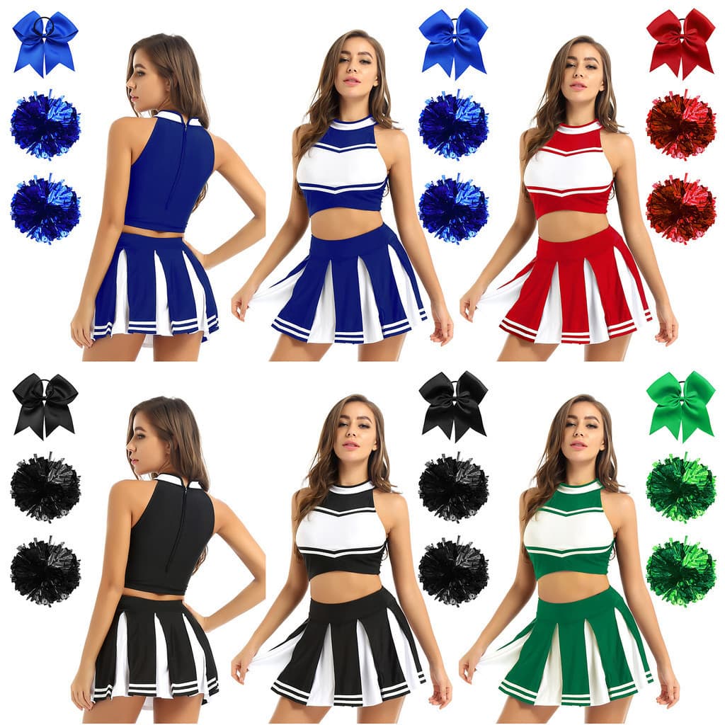 Conjunto de líder de torcida feminino, uniforme, composto por top cropped sem mangas de gola alta combinado com saia min