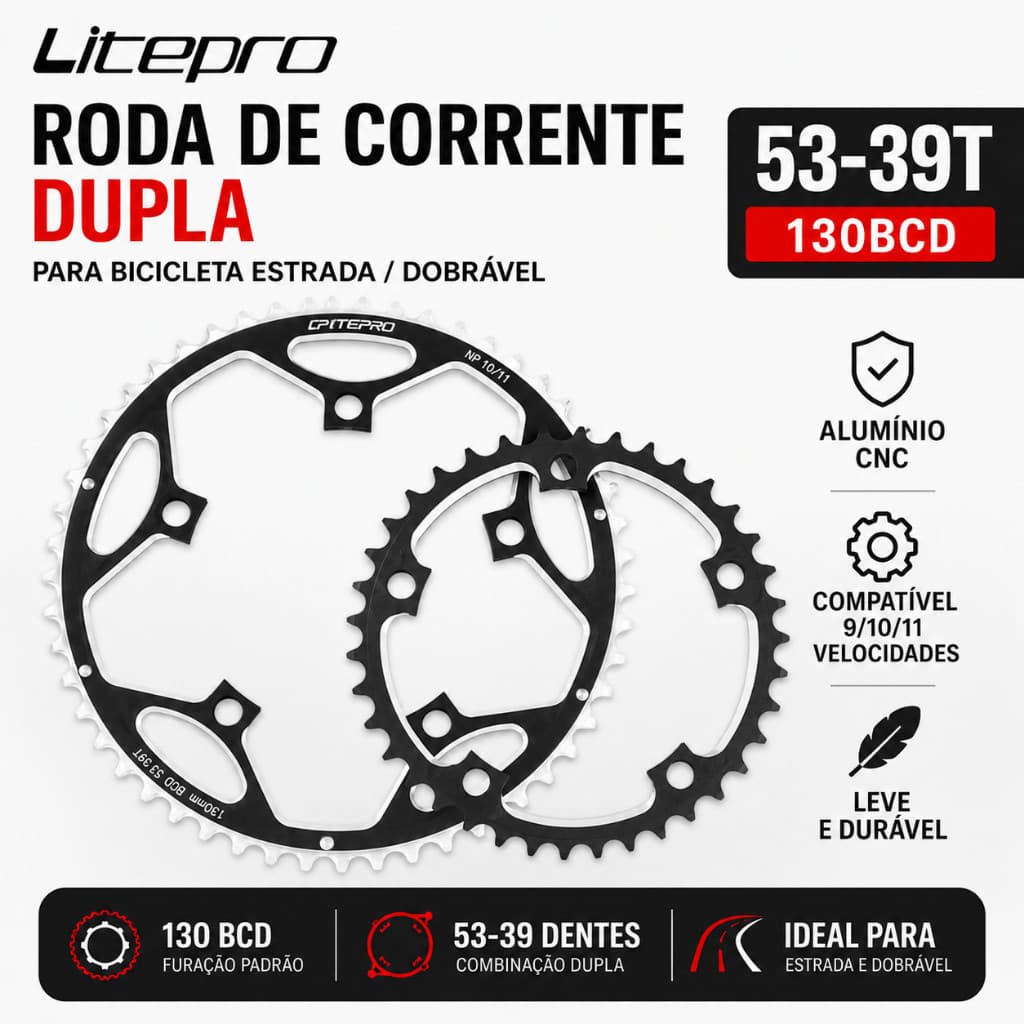 Litepro Roda de Corrente Dupla 53 39T 130BCD Alumínio CNC Bicicleta Estrada Dobrável 9 10 11 Velocidades Leve Durável