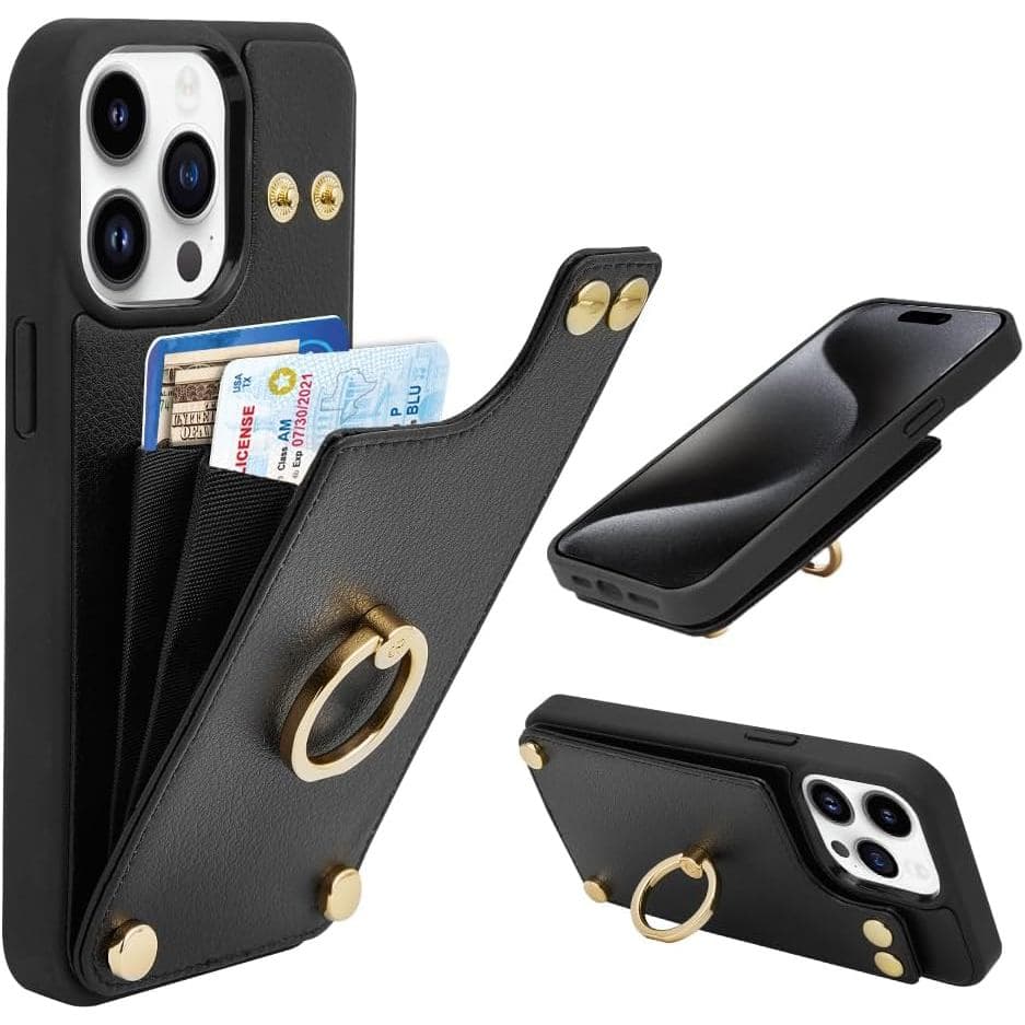 Capa Carteira LAMEEKU para iPhone 15 Pro 6.1'', Capa de Couro com Porta-Cartões, 360 ° Suporte de Anel Rotativo, Capa Pr