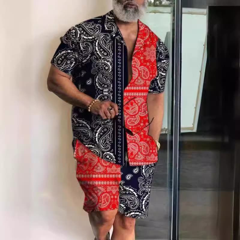 Conjunto casual de verão de duas peças com camisa de manga curta, estampa havaiana solta para homens.
