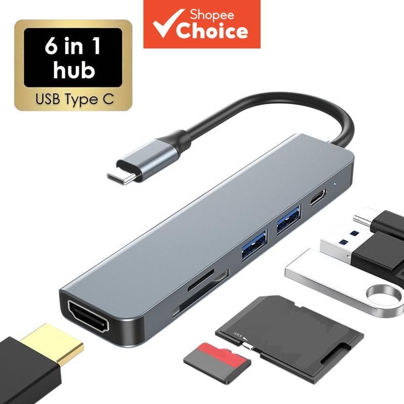 Adaptador Hub USB-C 6 em 1 Tipo C 87W PD com HDMI-Compatível PD Carregamento USB Leitor de Cartão SD/TF para PC de
