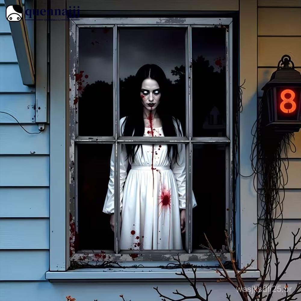 QUENNA 2D Vestido Branco Assustador Fantasma Poliéster Janela Banner Feliz Dia Das Bruxas Interior Ao Ar Livre Decoração