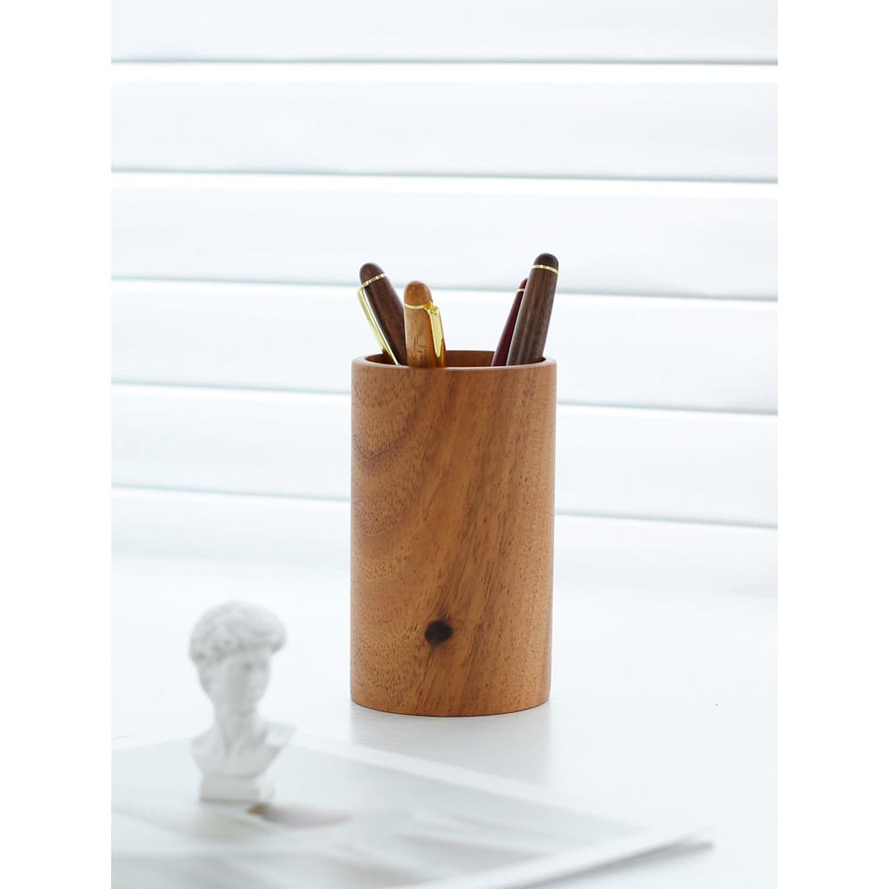 Suporte de caneta redondo de madeira maciça, suporte de caneta de nogueira, balde de armazenamento criativo, suporte de