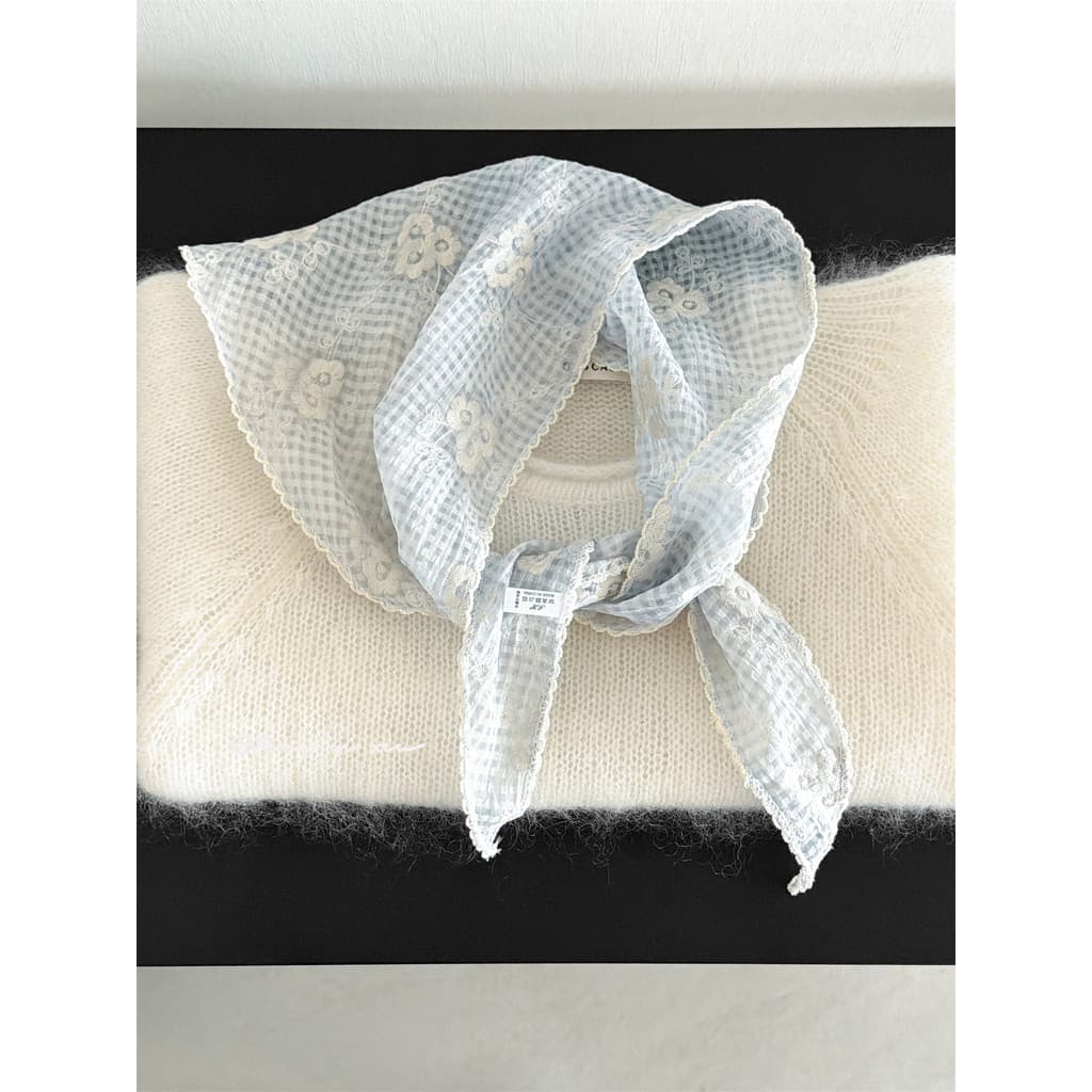 Versão coreana Retro xadrez bordado renda triângulo cachecol feminino primavera verão estilo Pastoral lenço triângulo ba