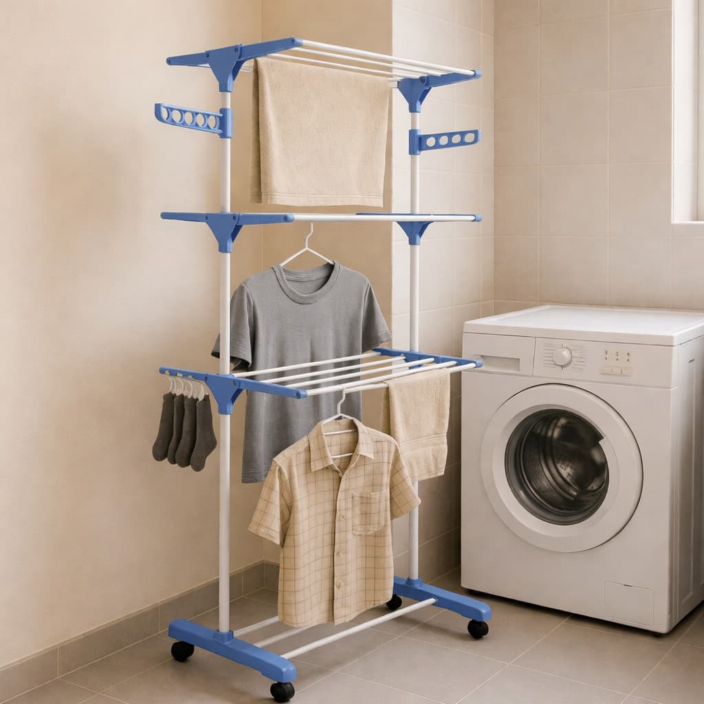 Varal de Chão Vertical com Rodinhas Dobravel Portátil Grande 3 Andares Ideal para Lugares Pequenos