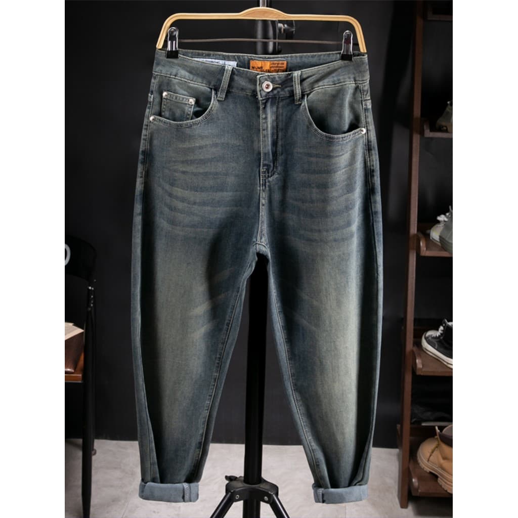 Verão fino Casual solto pequeno Jeans reto masculino tamanho grande elástico gordura calças compridas mais gordura plus