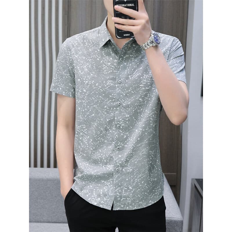 Camisa de manga curta impressa masculina verão seda gelo fina lapela roupas superiores 2025 novo estilo moda Casual cami