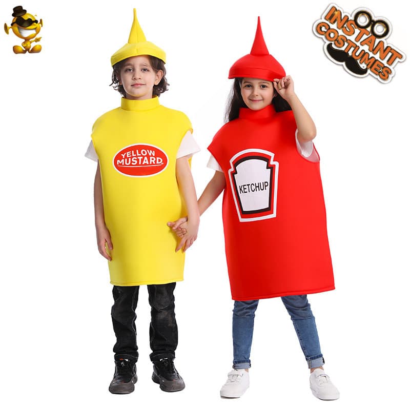 Fantasia Engraçada de Garrafa de Ketchup e Mostarda para Crianças, Traje de Cosplay de Comida para Festa de Halloween e