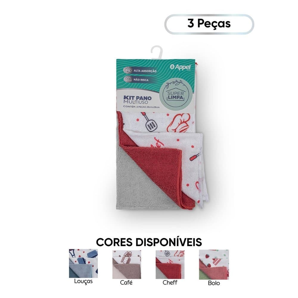 Kit Pano Multiuso 3 peças Microfibra 28cm x 28cm - Appel Home