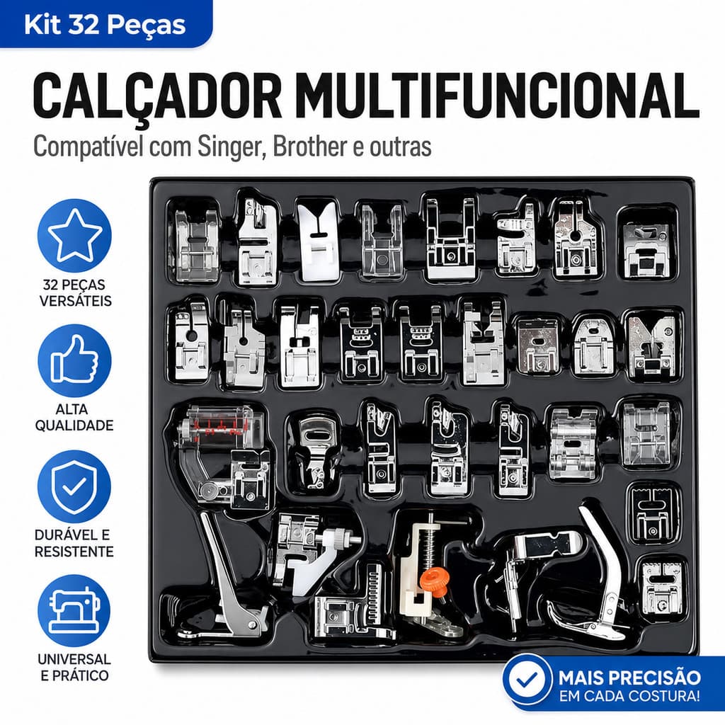 Kit 32 Peças Calçador Sapata Lorben Máquina Costura Doméstica Acessório Universal Baixo Perfil Singer Brother