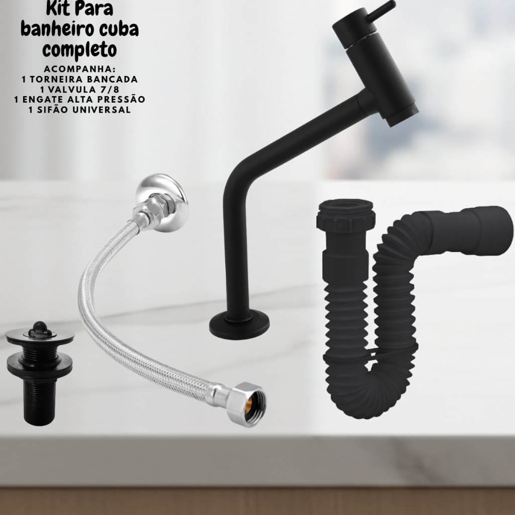 Kit para Lavatório Banheiro Torneira Válvula Sifão Engate Black Preto Bancada Água Fria Completo
