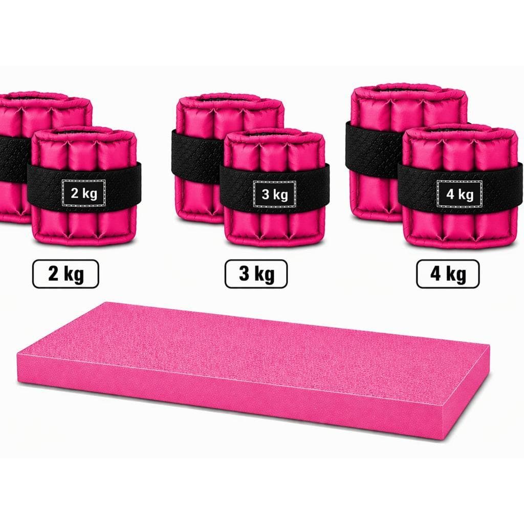 Kit 3 Pares Caneleiras Rosa 2kg 3kg 4kg + Colchonete Preto 90x40x3cm Academia Musculação Treino