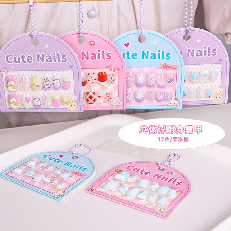 Novos desenhos animados em relevo crianças adesivos de unhas bonito tridimensional Wearable unhas falsas remendo de unha