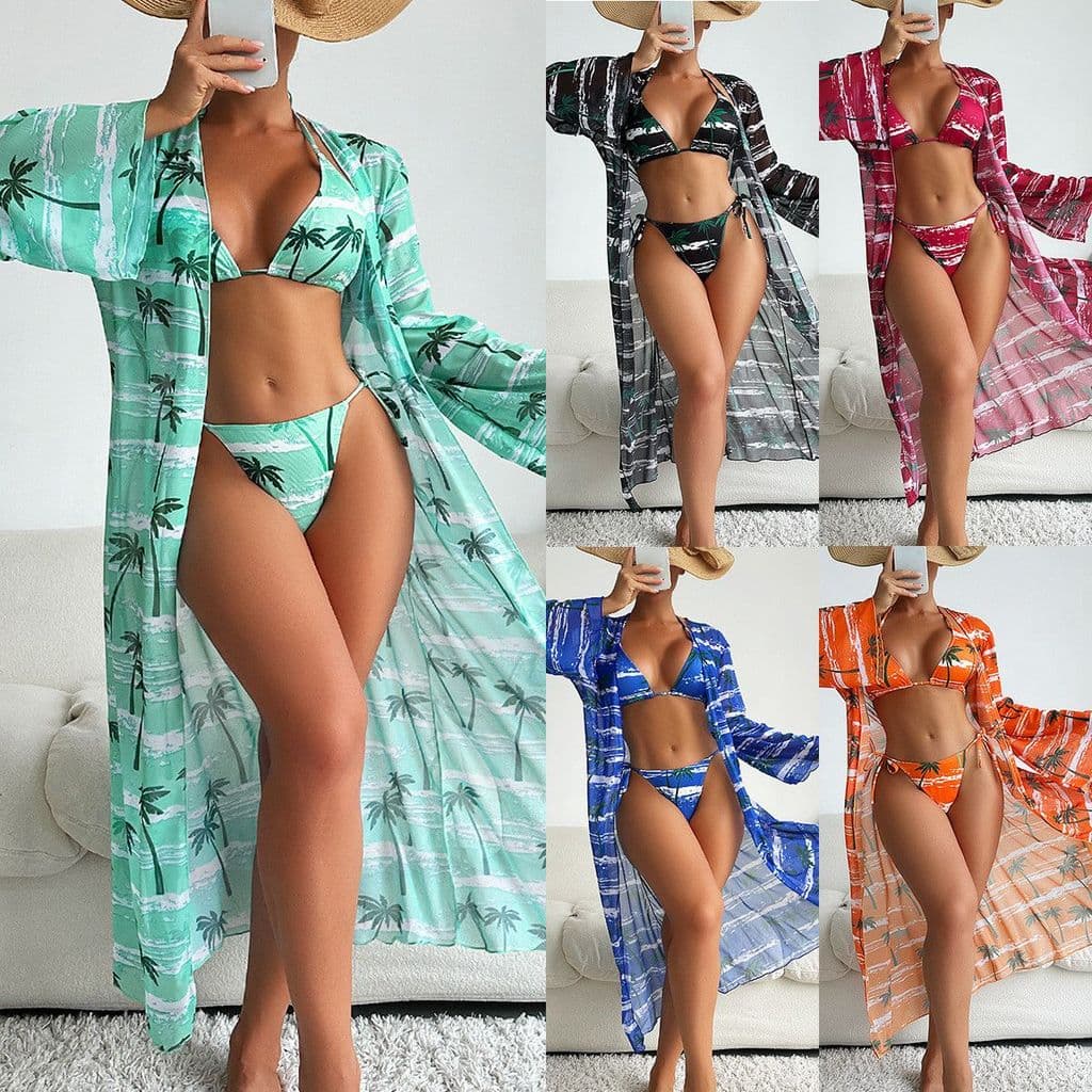 Novo estilo tamanho grande moda férias praia impressão biquíni blusa três conjuntos de maiô feminino pronto estoque20260