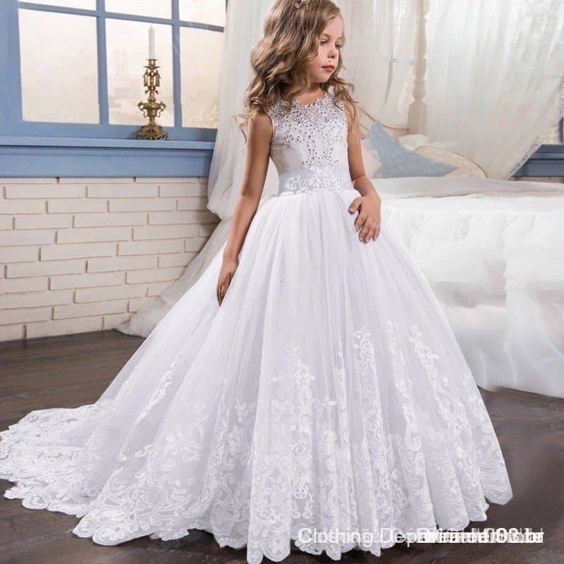 Vestido Branco Longo de Princesa para Dama de Honra em Casamentos para Meninas de 3 a 14 Anos D555