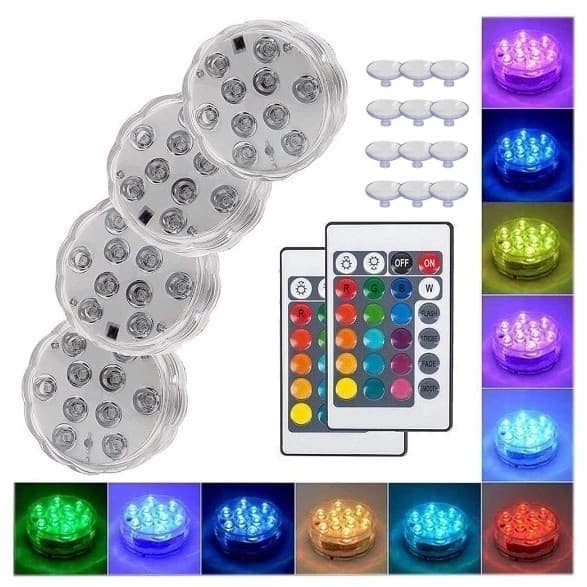 Lâmpada LED Submersível RGB para Piscina e Aquário | 10 LEDs 16 Cores + Controle Remoto | À Prova d’Água IP68 | Sem Fio