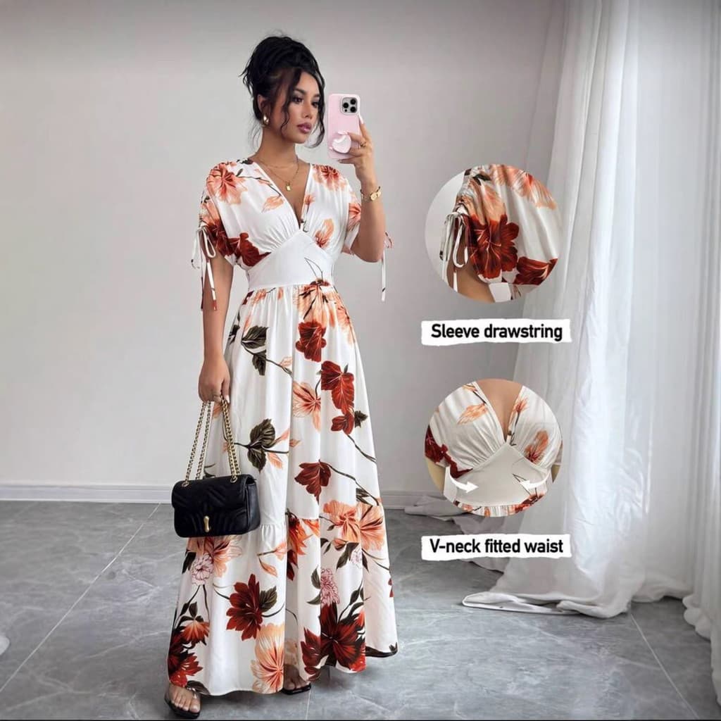 Pronto estoque Transporte rápido 2026 Vestido feminino com decote em V e cordão de comprimento médio verão estampado pra