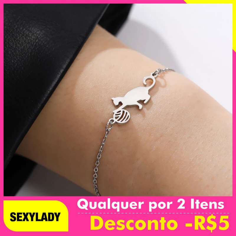 Pulseira de Aço Inoxidável com Pingente de Gato, Acessórios, Presentes de Joias