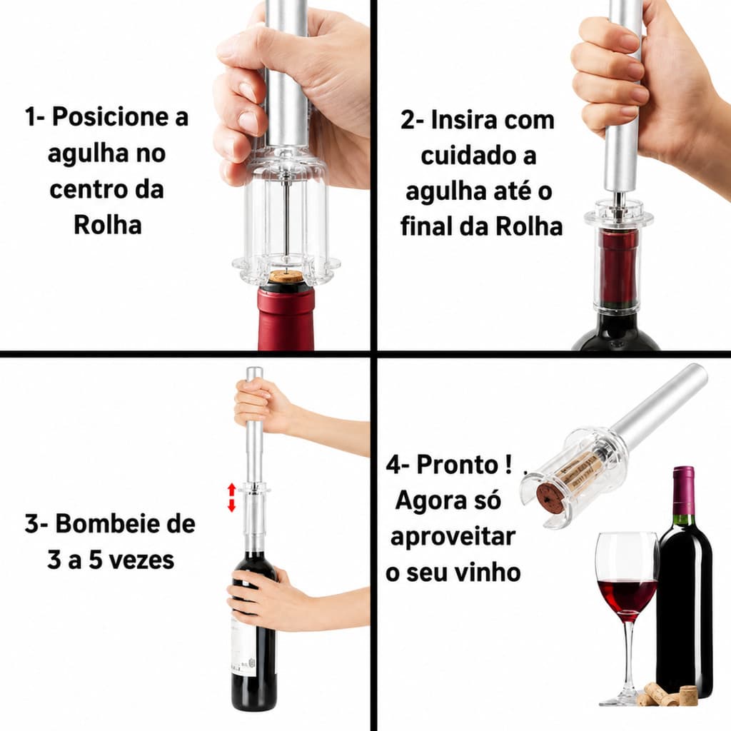 Saca-Rolhas de Pressão de Ar para Vinho Manual com Agulha, Cor Prata, Caixa, Leve e Prático