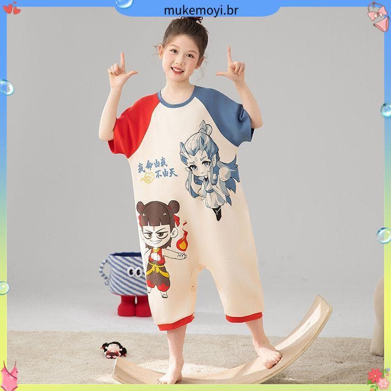 Meninas macacão de manga curta puro algodão pijamas estilo fino verão médio grande crianças Panda crianças Kick-Proof Qu