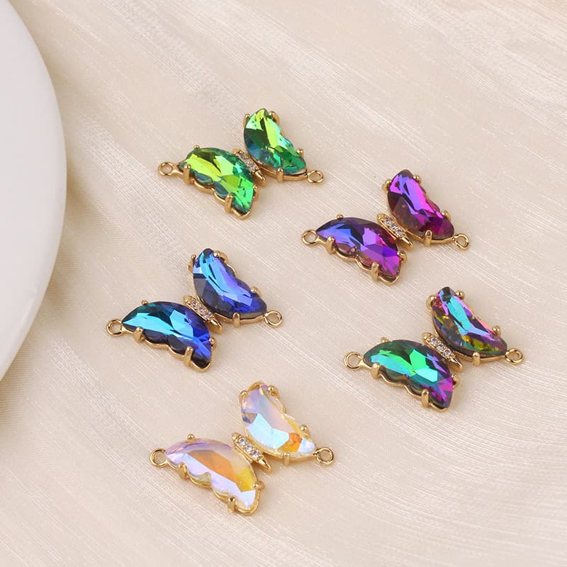 Cobre revestido de ouro zircão duplo pendurado gradiente cristal borboleta pingente diy jóias acessórios pulseira Materi