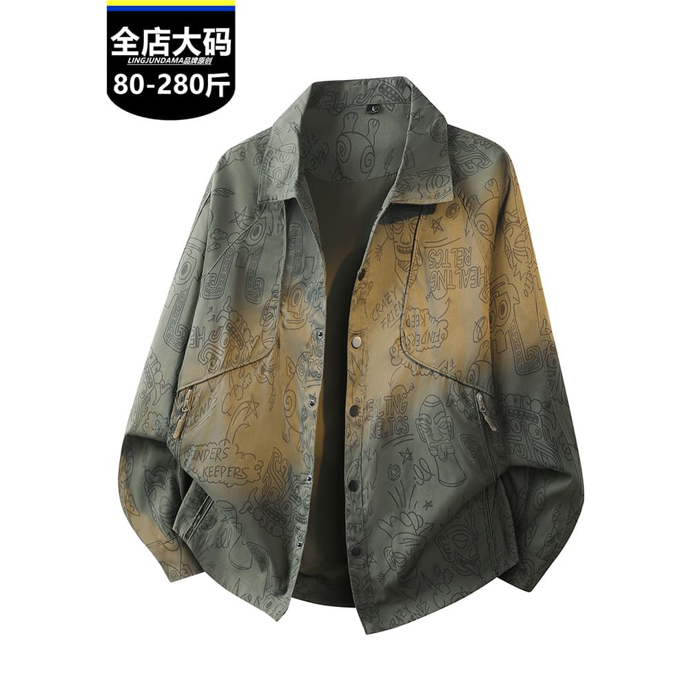 Fat Brother primavera novo estilo mais gordura plus Size camisa masculina Street Wear impressão completa Graffiti manga