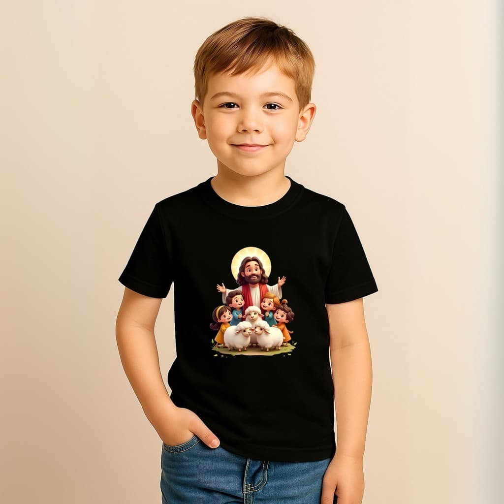 Camiseta Infantil Jesus Ovelha e Crianças Escola Biblibca Estampada Algodão Cristã Evangélica Católica Religiosa Criança