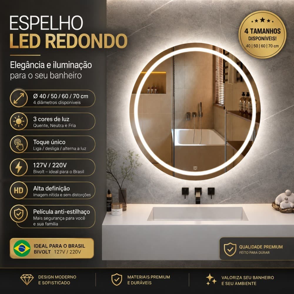Espelho LED Redondo Banheiro 3 Cores de Luz, Touch Screen, Bivolt, 4 Tamanhos 40/50/60/70 cm