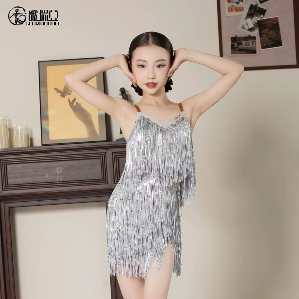 Goria terno de dança latina feminino crianças estilingue vestido conjunto desempenho prática terno 8.18