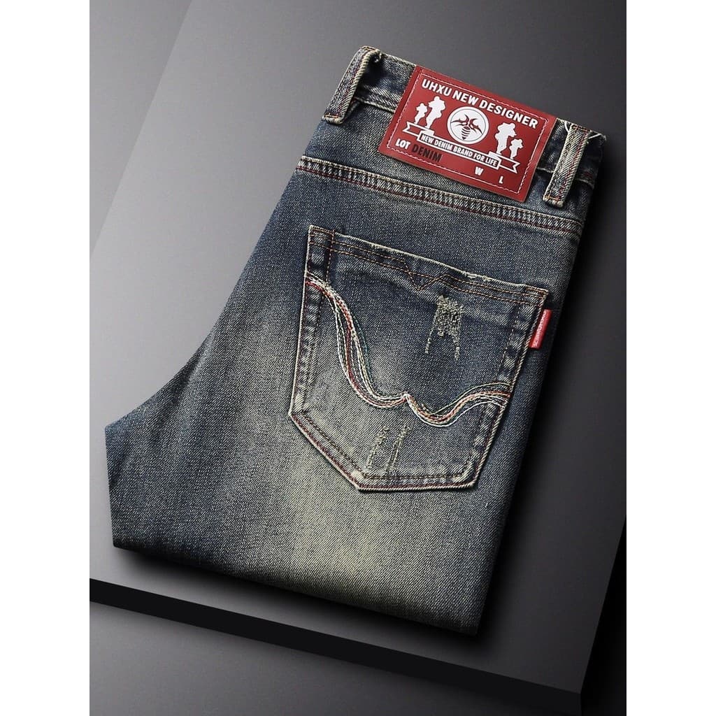 Calças de brim masculinas bordadas 2026 primavera outono tendência magro ajuste em linha reta americano Casual masculino