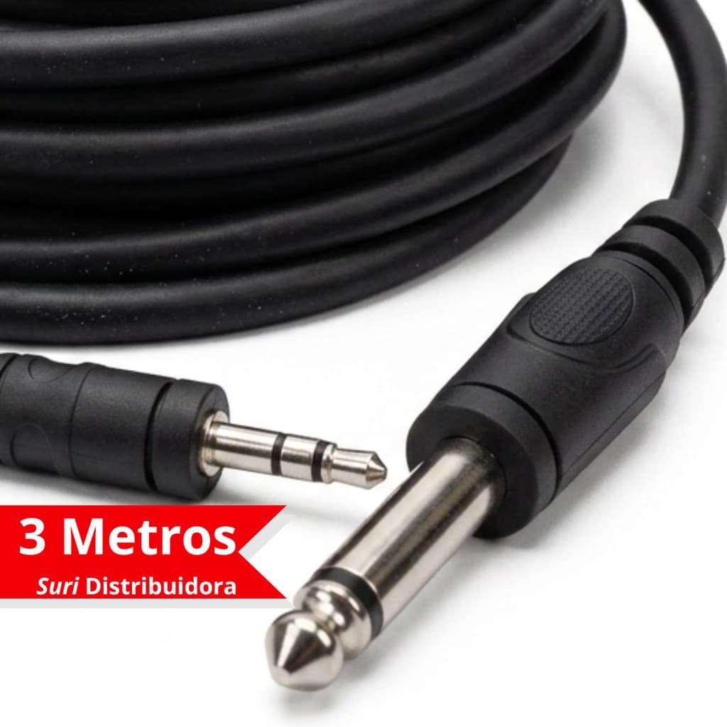 Cabo P10 X P2 Macho 3 Metros Stereo Profissional reforçado Mesa de som, Pedaleira e Caixa