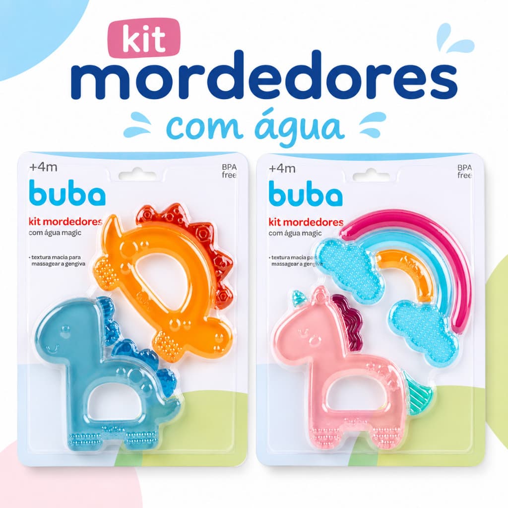 Kit 2 Mordedores com Água Buba Refrigerável Magic Dino Unicórnio Alívio Gengiva Livre de BPA Innova Center