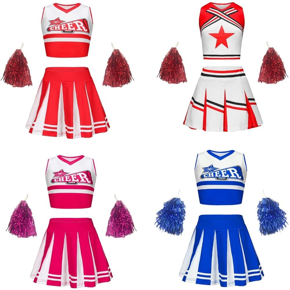 Crianças Cheerleading desempenho estudante jogos grupo ginásio uniforme competição alegria saia plissada feminina
