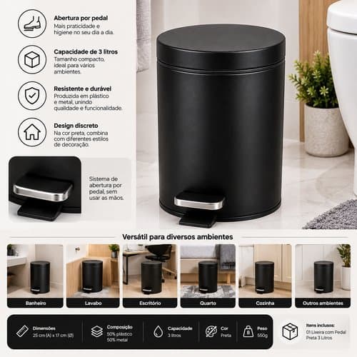 Lixeira com Pedal 3 Litros Preta Compacta para Banheiro Quarto Escritório Cozinha