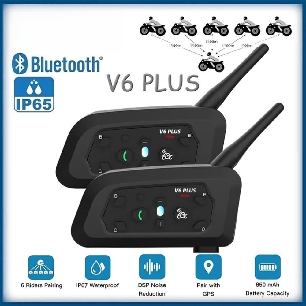 Intercomunicador para capacete de moto V6 Plus Bluetooth 6 Pilotos Alcance 1500m Redução de ruído DSP IP67 À Prova D'águ
